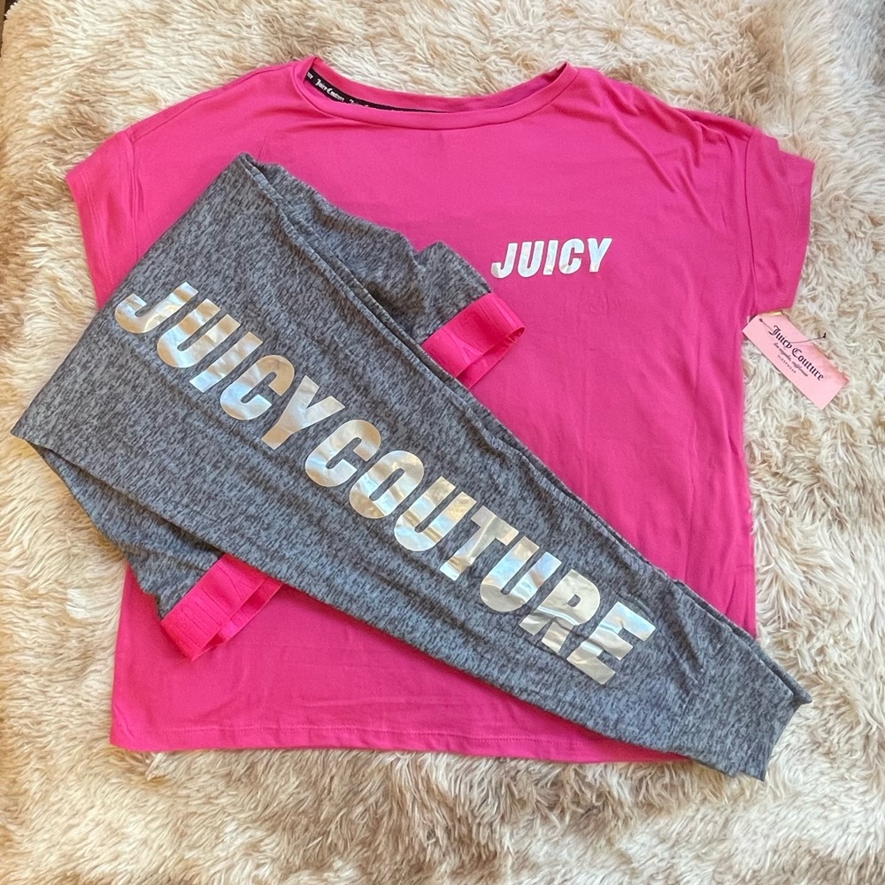 NWT Juicy Couture Sz L Pajamas, Hot Pink, Grey, Silver Metallic Shirt Joggers
